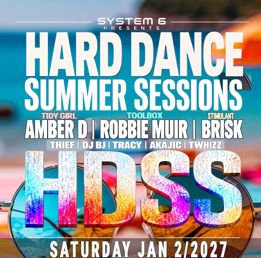 Hard Dance Summer Sessions lineup flyer: the full billing over a beach, seen through sunglasses.